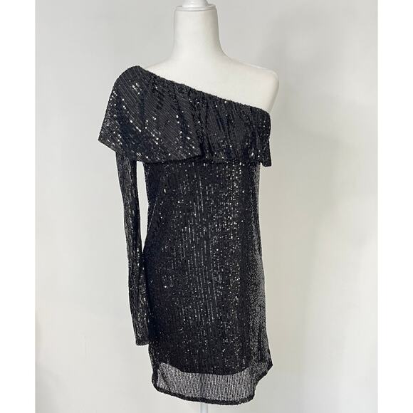 Nasty Gal One Shoulder Long Sleeve Black Sequin Mini Dress Size Large New - Picture 2 of 9